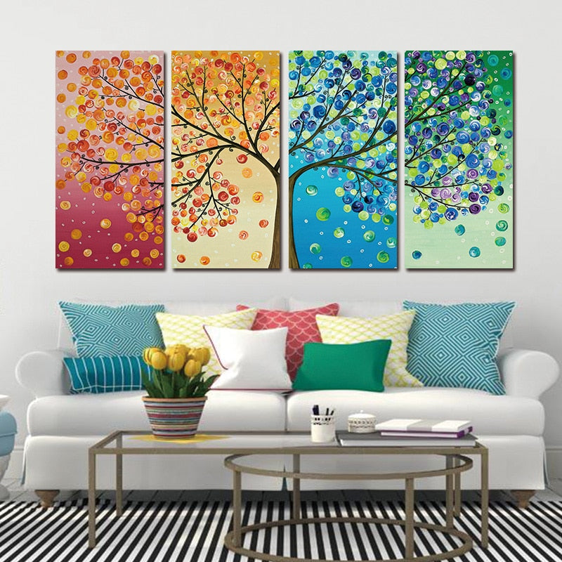 Colorful Tree Abstract Framed 4 Piece Canvas Wall Art Painting Wallpap