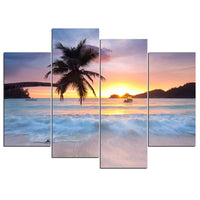 Tropical Ocean Beach Waves Palm Tree Sunset Sunrise Seascape Framed 4 Piece Canvas Wall Art Painting Wallpaper Poster Picture Print Photo Decor