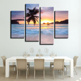 Tropical Ocean Beach Waves Palm Tree Sunset Sunrise Seascape Framed 4 Piece Canvas Wall Art Painting Wallpaper Poster Picture Print Photo Decor