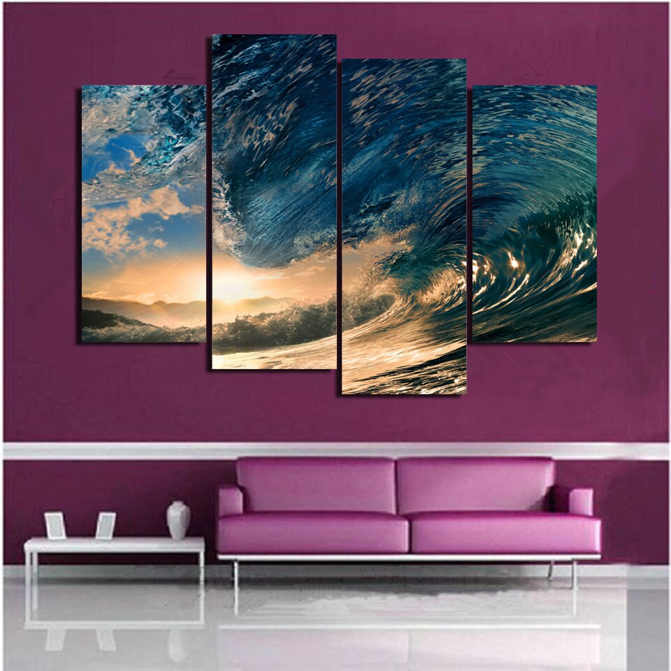 Ocean Wave Seascape Framed 4 Piece Canvas Wall Art Painting Wallpaper ...