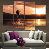 Dolphin Sunrise Sunset Ocean Seascape Framed 4 Piece Canvas Wall Art Painting Wallpaper Poster Picture Print Photo Decor