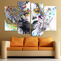 Colorful Flower Woman Abstract Art Framed 4 Piece Canvas Wall Art Painting Wallpaper Poster Picture Print Photo Decor