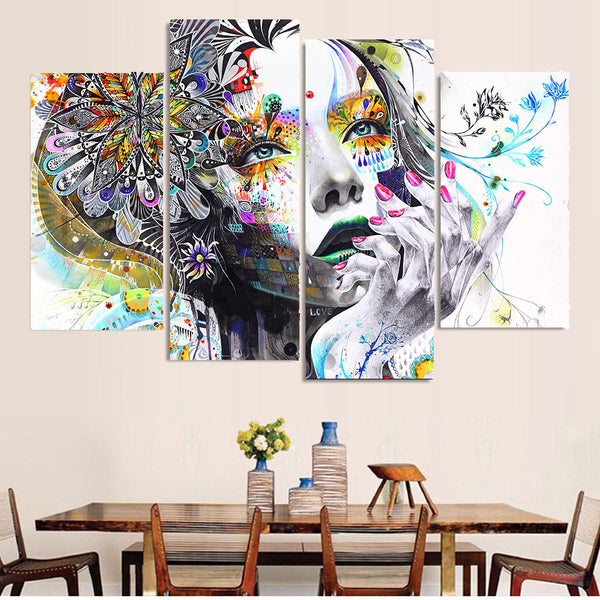 Arte abstracto de mujer con flores coloridas, lienzo de 4 piezas, arte de pared, pintura, papel tapiz, póster, imagen impresa, decoración fotográfica 