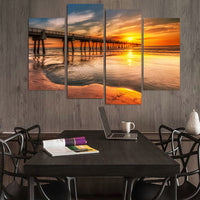 Sunset Sunrise Ocean Waves Bridge Framed 4 Piece Canvas Wall Art Painting Wallpaper Poster Picture Print Photo Decor