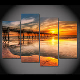 Sunset Sunrise Ocean Waves Bridge Framed 4 Piece Canvas Wall Art Painting Wallpaper Poster Picture Print Photo Decor