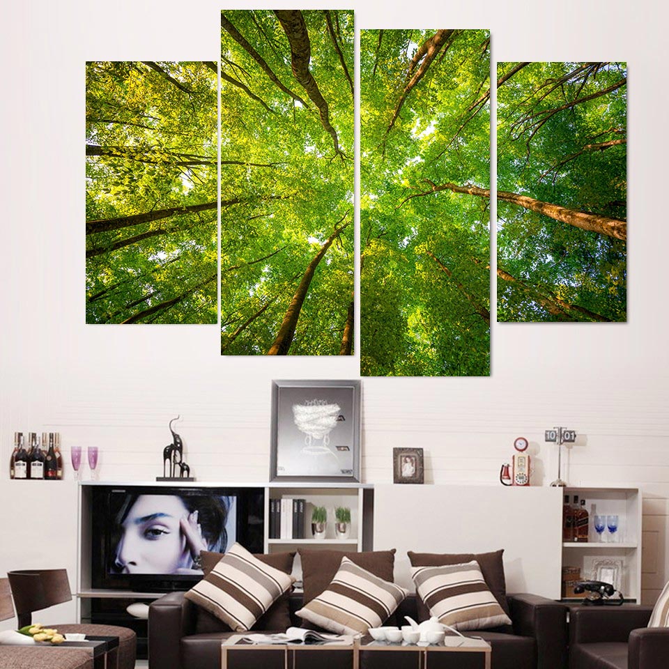 Forest Trees Framed 4 Piece Canvas Wall Art Painting Wallpaper Poster