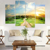 Country Nature Road Forest Sunrise Sunset Framed 4 Piece Canvas Wall Art Painting Wallpaper Poster Picture Print Photo Decor