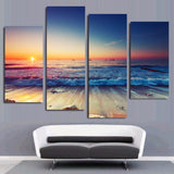 Ocean Beach Waves Sunrise Sunset Seascape Framed 4 Piece Canvas Wall Art Painting Wallpaper Poster Picture Print Photo Decor