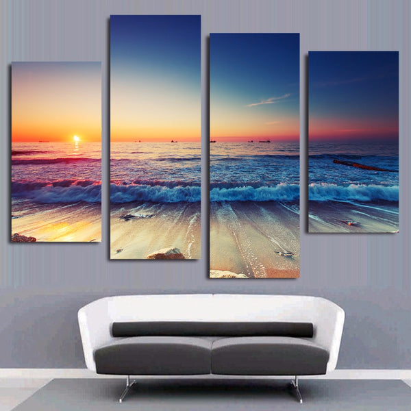 Ocean Beach Waves Sunrise Sunset Seascape Framed 4 Piece Canvas Wall Art Painting Wallpaper Poster Picture Print Photo Decor