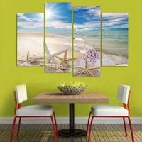 Sandy Tropical Ocean Beach Seascape Framed 4 Piece Canvas Wall Art Painting Wallpaper Poster Picture Print Photo Decor