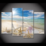 Sandy Tropical Ocean Beach Seascape Framed 4 Piece Canvas Wall Art Painting Wallpaper Poster Picture Print Photo Decor