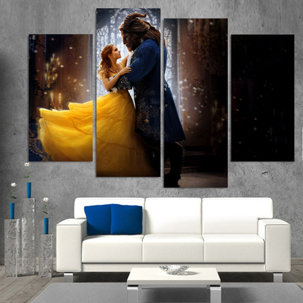 Beauty & The Beast Dancing Disney Kids Framed 4 Piece Canvas Wall Art Painting Wallpaper Poster Picture Print Photo Decor